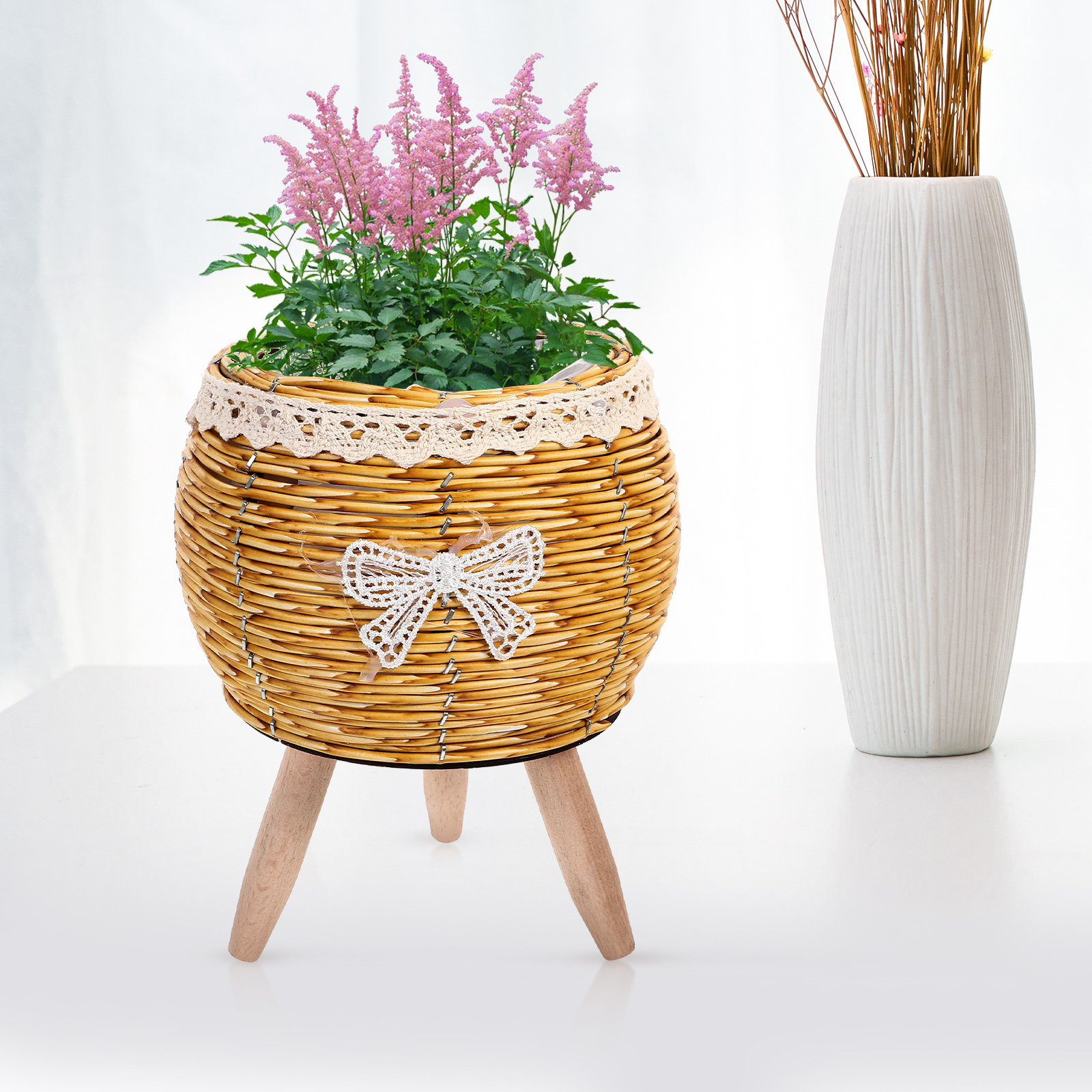 Wood and Straw Flower Pot Hold - Bonsai Garden Indoor 评论和价格